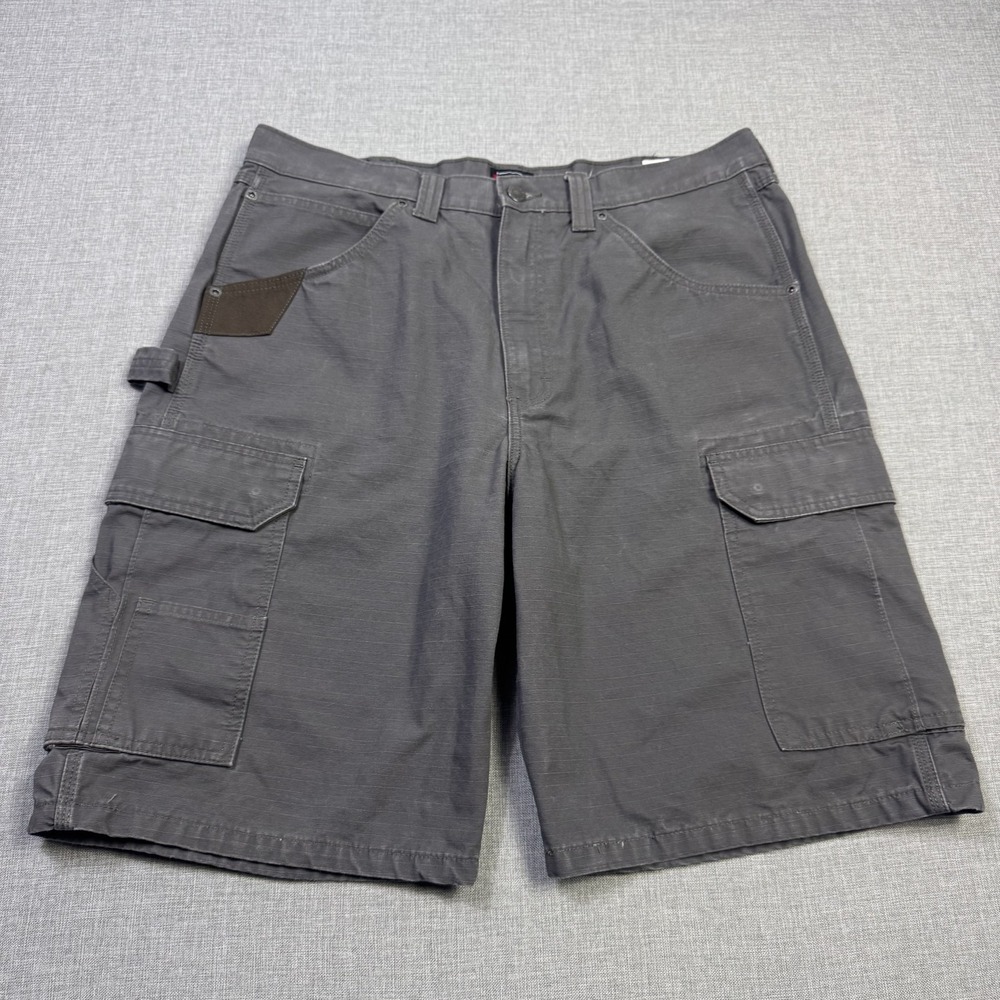 Wrangler Ripstop Cargo Shorts Men 36 Gray 11" Inseam Cotton Workwear Relaxed Fit